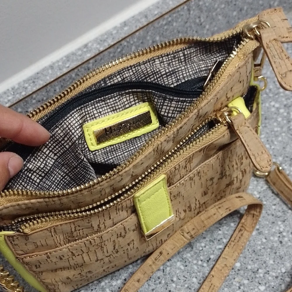 Miztique Tan and Yellow Crossbody Bag with Cork Texture